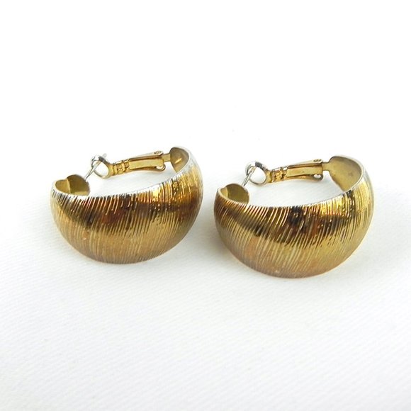 80s Golden Earrings | Gold Tone & Silver Metal Wide Hoop Earrings - Picture 3 of 7